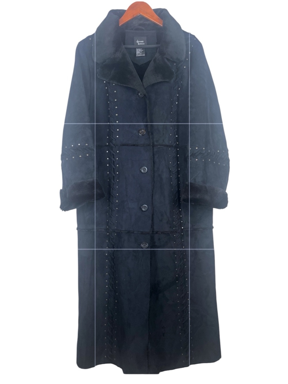 Dennis Basso Long Vegan Suede Overcoat Size Large Blue Studded Faux Fur Trim